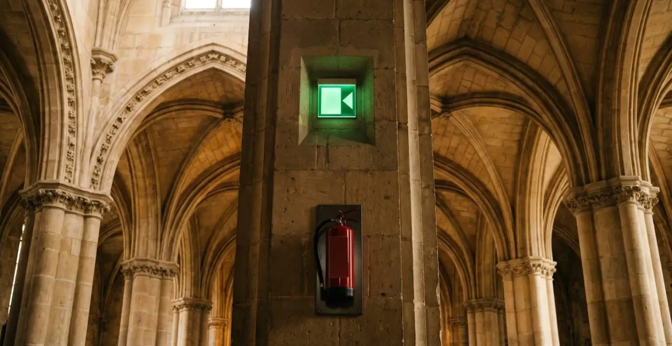 Inspection de sécurité incendie dans une salle historique avec extincteurs et signalisation de sortie