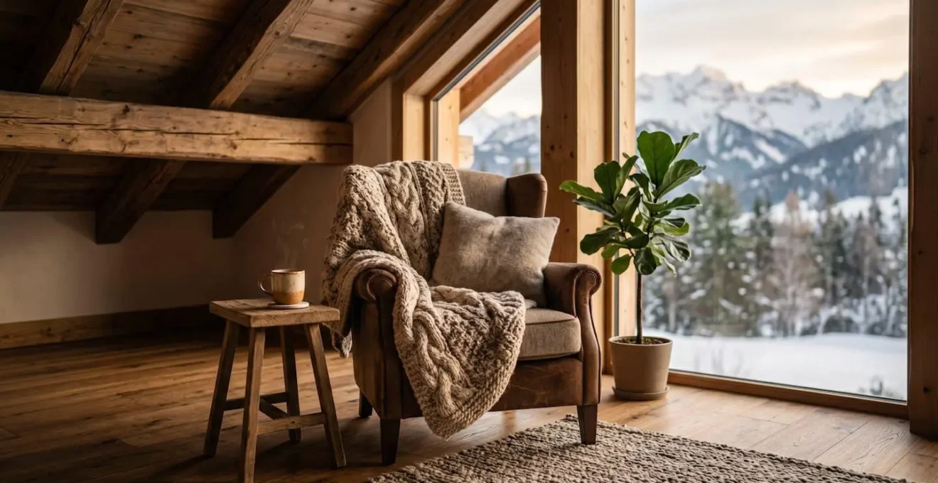 Intérieur chaleureux d'un logement saisonnier de montagne moderne avec lumière naturelle