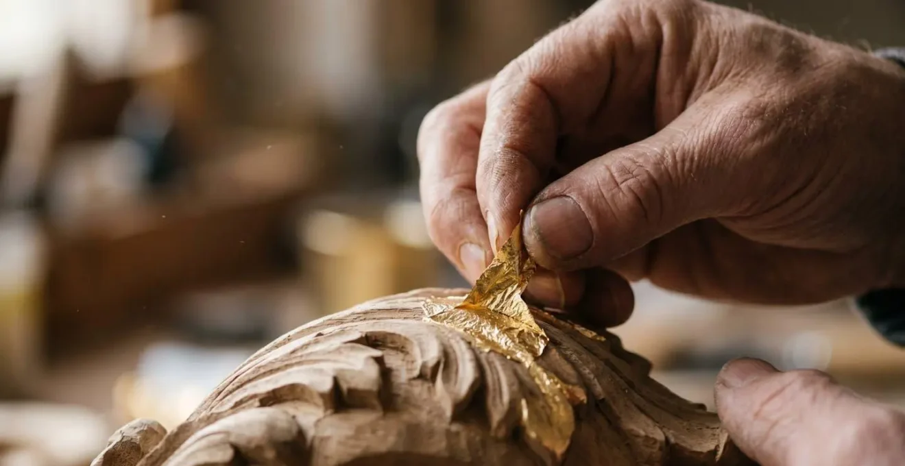 Gros plan sur les mains d'un artisan appliquant délicatement une feuille d'or sur une sculpture baroque