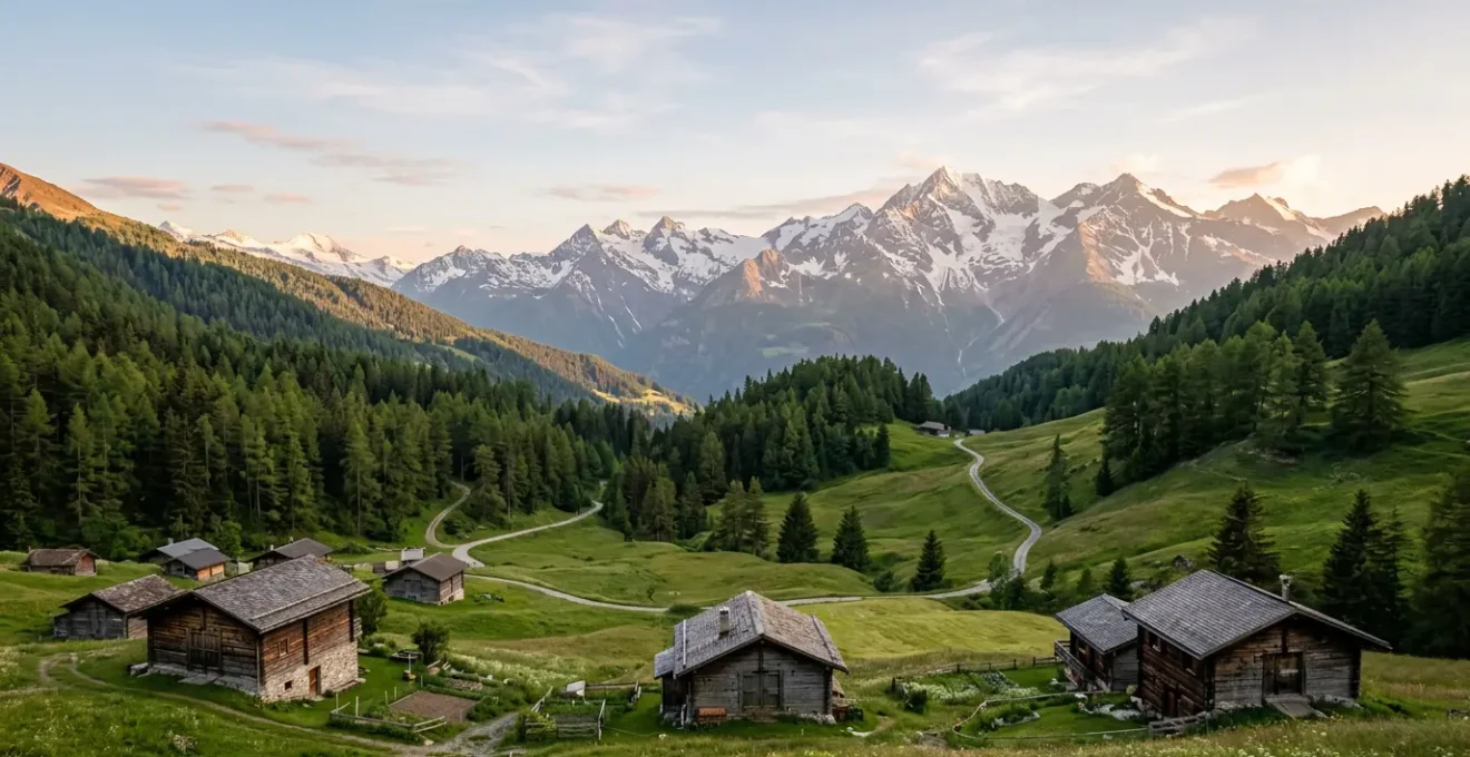 Vue panoramique d'une vallée alpine au coucher du soleil avec des chalets traditionnels et sommets enneigés en arrière-plan