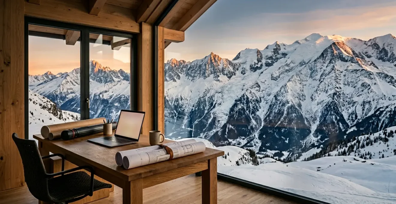 Bureau de recrutement moderne en station de montagne avec vue panoramique sur les Alpes enneigées