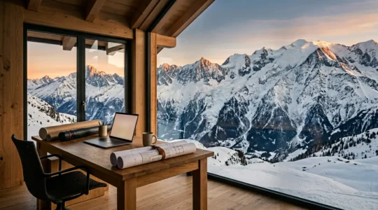 Bureau de recrutement moderne en station de montagne avec vue panoramique sur les Alpes enneigées