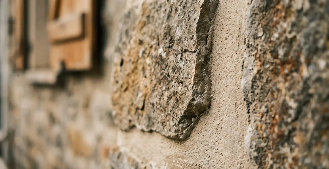 Détails architecturaux d'une façade en cours de rénovation dans le vieux Chambéry, mettant en valeur les matériaux traditionnels savoyards
