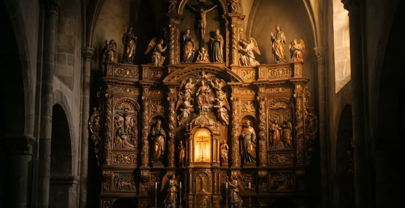 Retable baroque illuminé par un éclairage LED chaleureux révélant les nuances dorées et polychromes