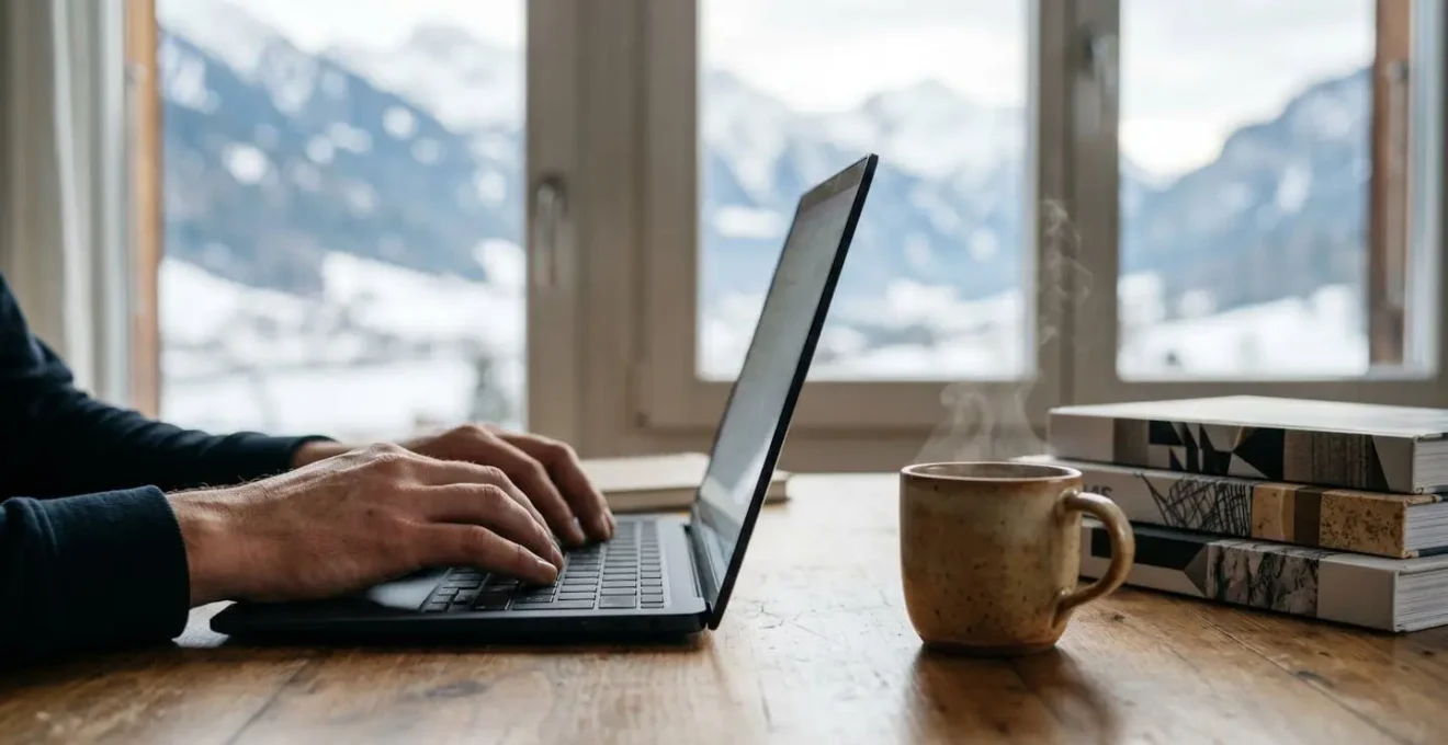 Professionnel en télétravail dans un chalet de montagne moderne avec vue sur vallée alpine