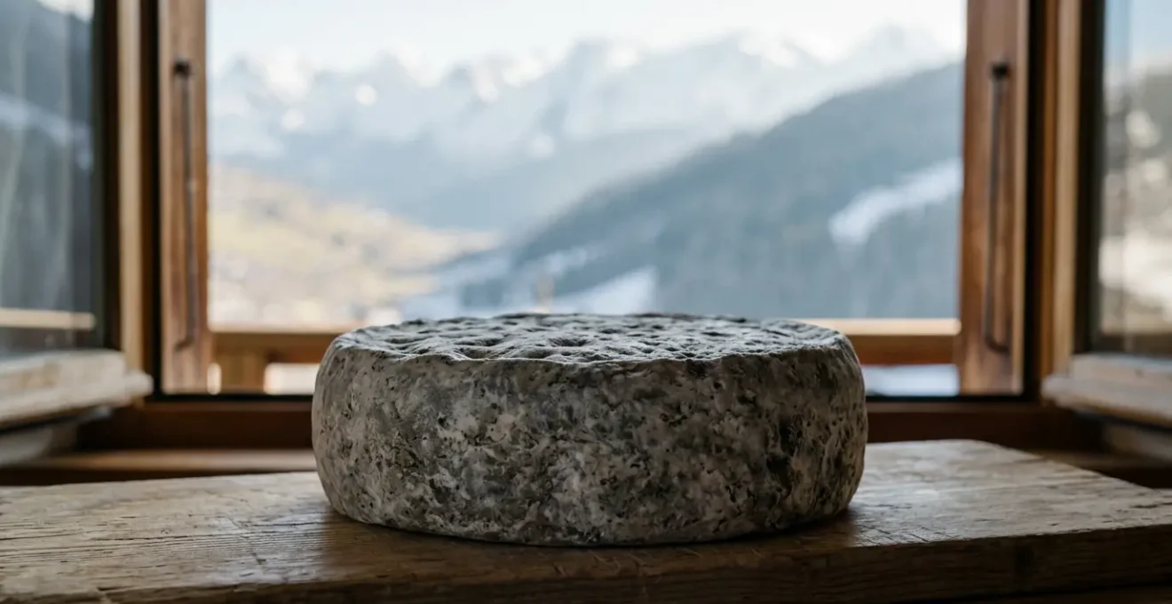 Fromage Tomme de Savoie IGP avec sa croûte grise caractéristique sur une planche en bois d'épicéa dans un décor montagnard savoyard