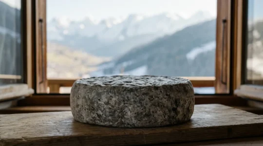 Fromage Tomme de Savoie IGP avec sa croûte grise caractéristique sur une planche en bois d'épicéa dans un décor montagnard savoyard