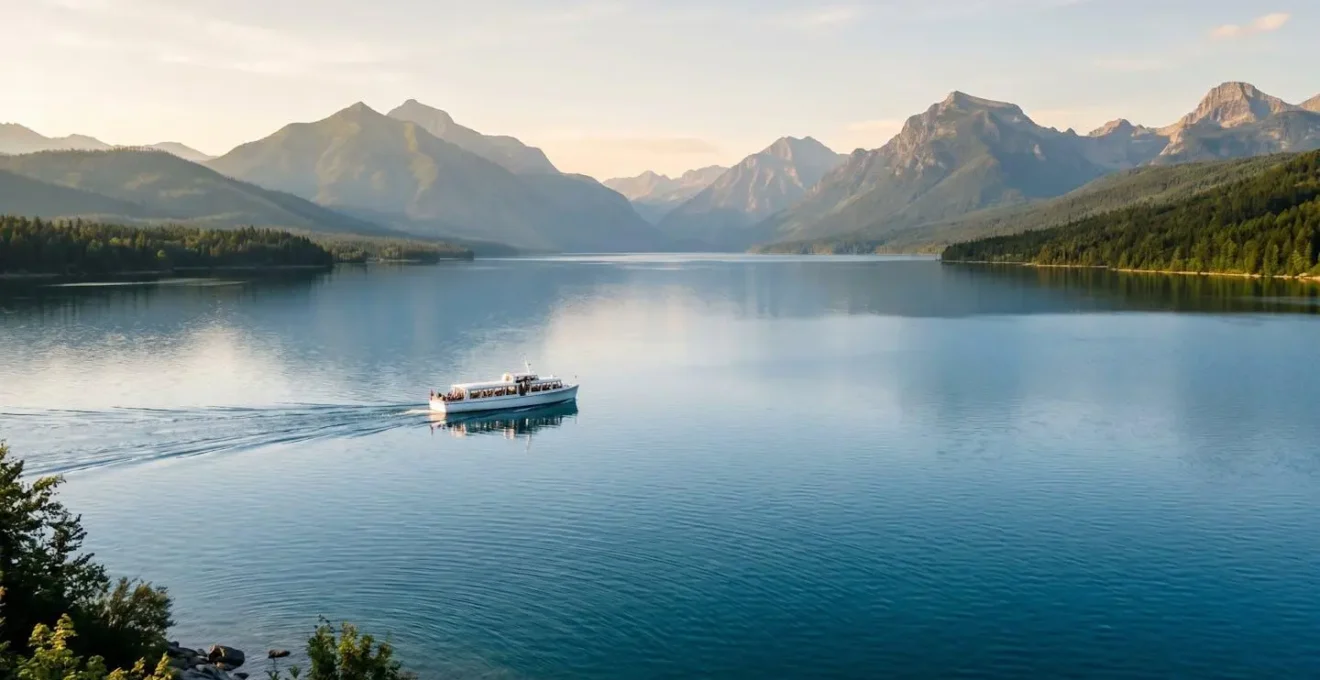 Bateau de croisière naviguant sur les eaux calmes du lac du Bourget avec la côte sauvage et montagnes en arrière-plan