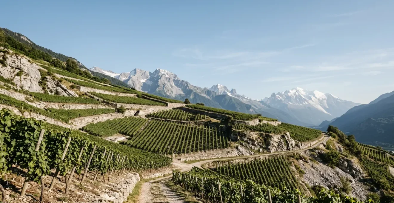 Vignoble de Savoie sur coteaux alpins avec exposition sud et ambiance de montagne