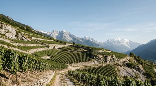 Vignoble de Savoie sur coteaux alpins avec exposition sud et ambiance de montagne