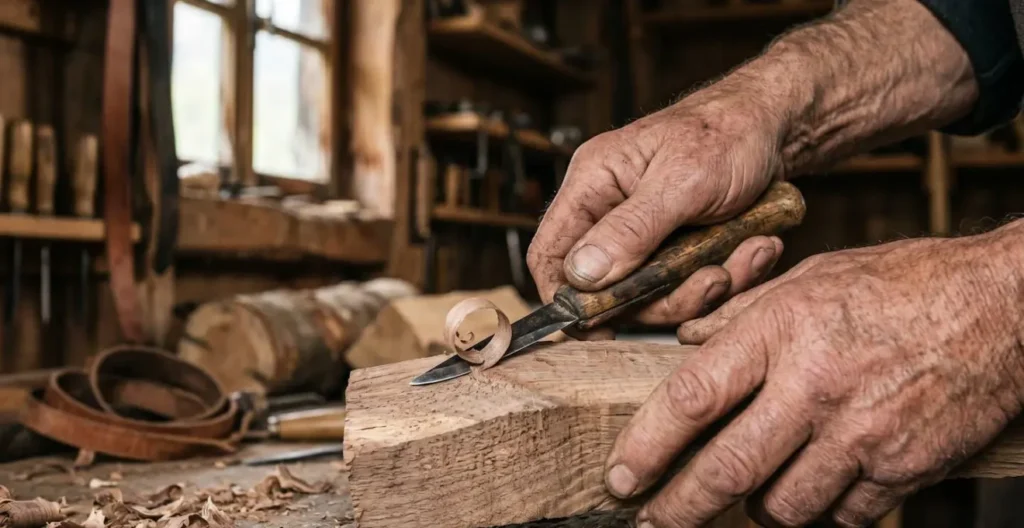 Gros plan sur les mains d'un artisan travaillant le bois dans un atelier de montagne avec outils traditionnels
